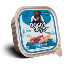 DOGGY Dog Paté Rind & Pute, 10 x 150 g, Nassfutter für Hunde, getreidefreies Hundefutter mit Lachsöl und Grünlippmuschel, Alleinfuttermittel mit Kartoffeln und Tomate, Made in Germany