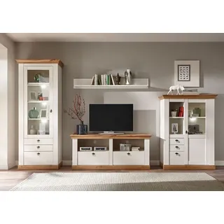 Landhaus Wohnwand 336cm pinie weiß / wotan eiche Anbauwand Highboard - Weiß, Braun