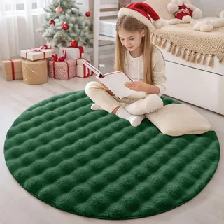 Homaxy Hochflor Teppich mit 3D Bubble Muster Weich Flauschig Teppiche, Waschbar Antirutsch Klein Teppich für Wohnzimmer, Kinderzimmer, Schlafzimmer - 120 cm Rund, Dunkelgrün