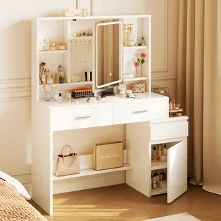 JUMMICO Schminktisch mit LED Spiegel Beleuchtung (3 Helligkeiten & 3 Farbtemperaturen), Großer Kosmetiktisch mit 6 Fächern, 2 Schubladen, Seitenschrank & Ablagefläche, 117x40x140 cm, Weiß