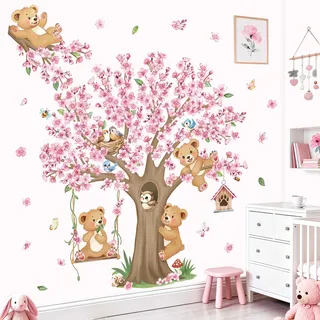 decalmile Wandsticker Kirschblüte Rosa Baum Groß Wandtattoo Waldtiere Bär Kirschbaum Blumen Wandaufkleber Kinderzimmer Babyzimmer Schlafzimmer Wanddeko