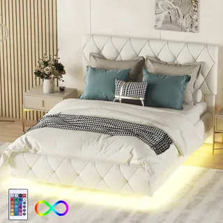 Merax Polsterbett 140x200cm mit LED-Leuchtung und höhenverstellbarem Kopfteil, Schwebebett Kunstleder Doppelbett Jugendbett, Beige - Beige