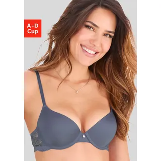 Schalen-BH S.OLIVER "Pauline", Damen, Gr. 90, Cup C, blau (jeansblau), Spitze, Obermaterial: 62% Polyamid, 23% Polyester, 15% Elasthan, BHs Schalen-BH, mit Bügel und hübschem Spitzenrücken, Dessous