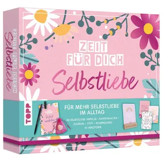 TOPP Zeit für Dich Geschenkbox - Selbstliebe. Box mit 50 Selbstliebe-Karten mit verschiedenen Impulsen & Übungen, Kartenhalter, Journal, Brush Pen und ... in Herzform (Zeit für dich Geschenkboxen)