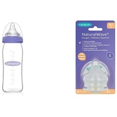 Lansinoh Glas Babyflasche mit NaturalWave Sauger Gr. M, 240 ml & NaturalWave Sauger, Gr. S - langsamer Milchfluss, 2 Stück (1er Pack)