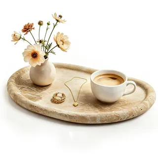 WORHE Tablett aus Naturtravertin, Marmor-Schmuckschale, Beige Groß | Travertin Schmucktablett für Badezimmer, Schmucktablett in Sonderform, Schminktisch, Nachttisch, Wohnaccessoires (DEN30)