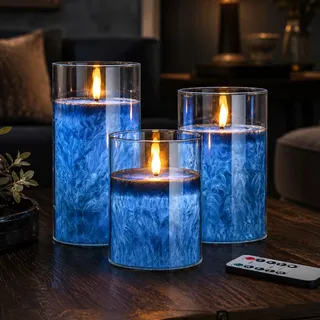 MOZC LED kerzen flackernde flamme, LED kerze mit Timerfunktion im Glass, Elektrische Echtwachskerzen mit Fernbedienung, 3 teilige Flammenlose Kerzen für Deko Schlafzimmer, Badezimmer Deko
