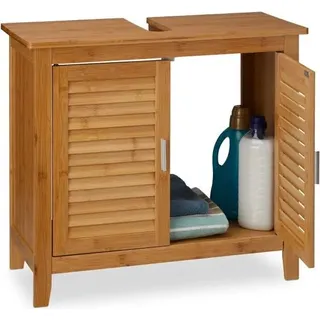 Moderner Bambus Waschbeckenschrank mit Lamellentüren, 71.5x31.5x13cm, mit Siphon-Ausschnitt