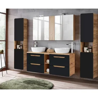 Badmöbel Komplett Set mit 140 cm Waschtisch NEW-LUTON seidenmatt anthrazit mit Wotan Eiche Nb. B/H/T ca. 241/200/46 cm - Grau