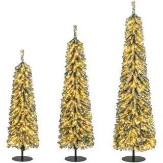 COSTWAY 3er Set Bleistift Weihnachtsbaum Künstlich, 120+150+180cm, Tannenbaum mit Schnee & LED-Lichtern, Kunstbaum Christbaum Grün + Weiß - Grün, Weiß
