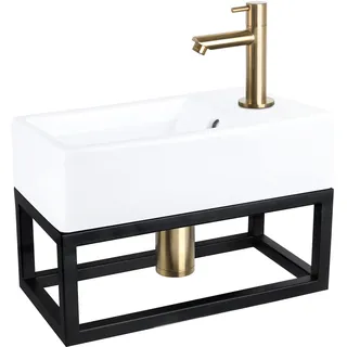 Differnz Force Waschbecken mit Handtuchhalter - Waschtisch Keramik Weiß - Gerade Armatur Matt Gold - Komplett-Set - 40 x 22 x 11,5 cm