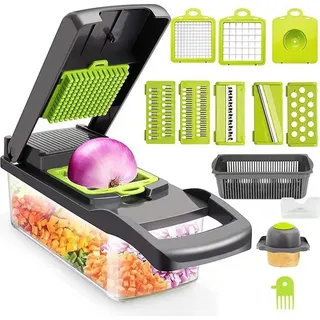 Multifunktionaler Gemüseschneider - 5-in-1 Mandoline, Hobel & Würfelschneider - Klingen aus Edelstahl - Leicht zu reinigen - PP-Kunststoff - Zwiebelhacker - Grün