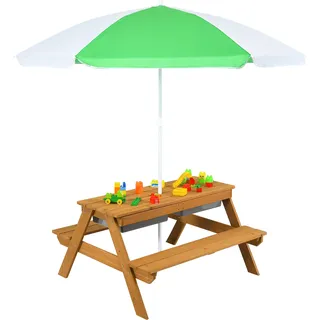 COSTWAY 3 in 1 Kinder Picknicktisch mit Sonnenschirm & Bänke, Kindersitzgruppe aus Holz mit Abnehmbarer Tischplatte & 2 Spielboxen, Sitzgarnitur Kindermöbel-Set für Garten, Hinterhof, Terrasse (Weiß) - Weiß, Grün