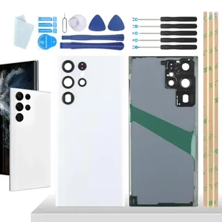 YHX-OU 6.8'' Weiß Akkudeckel für Samsung Galaxy S22 Ultra 5G Rückseite Glas Backcover Back Glas Ersatz Reparatur Rückabdeckungen Set mit Kameraobjektiv + Werkzeug