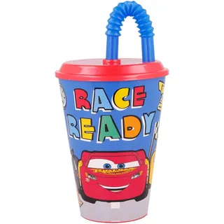 Stor WIEDERVERWENDBARER KINDERBECHER MIT STROHHALM AUS BPA-FREIEM Kunststoff 430 ML | Cars Lets Race, Bunt