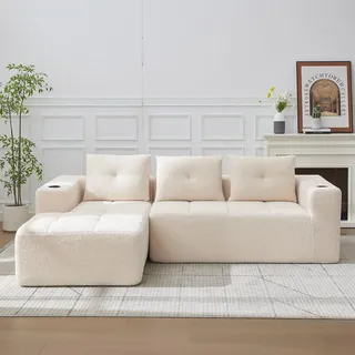 L-Sofa mit drei Kissen, L-förmiges Sofa, 3-Sitzer Modulsofa Ecksofa klassisches minimalistisches komfortables (Federkern + 2 Kunststofftaschenplatten) - Beige