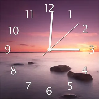 Wallario Design Wanduhr Nebel am See bei Sonnenuntergang aus Echtglas, Größe 30 x 30 cm - Weiß