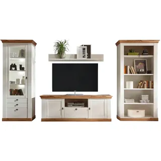 furn.design Wohnwand Hemsby in weiß Pinie und Eiche Wotan Landhaus Schrankwand 4-teilig 387 x 204 cm, Wohnzimmer, Wohnwände, Anbauwände
