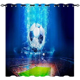 YUANZU Fußball Sportfeld Vorhänge Blaue 3D Muster Ösen Gardinen mit Blickdichte Thermo Vorhang Kälteschutz Blackout Curtain Kinderzimmer Schlafzimmer Verdunkelung Fenster, 2 Stück, H 175 x B 140 cm