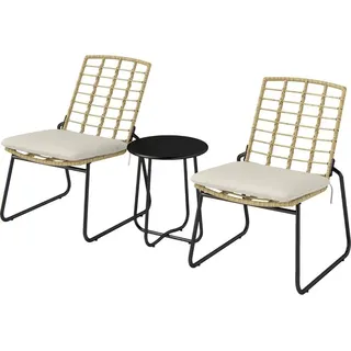 Fortuna Lai Rattan Gartenmöbel Set, Balkonmöbel Set für 2 Personen 3-teilig Outdoor Sitzgruppe mit 2 stapelbar Stühle, Tisch Kissen wetterfest Garten Lounge für Terrasse Balkon, Beige & Braun - Beige