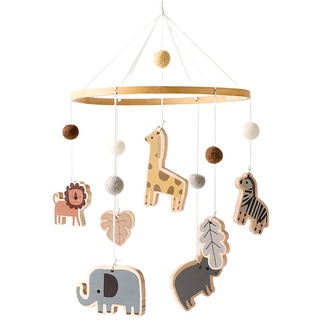 Baby Mobile Baby Windspiele, Babybett Mobile Holz mit Filzbällen Giraffe Löwe Tiere, Hängende Bettglocke Neugeborene Geschenk für Baby Mädchen Jungen (A)