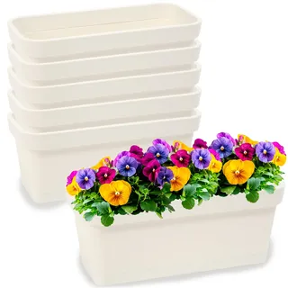 PECZEKO Blumenkasten-Set aus Kunststoff, Pflanzkasten für Blumen und Kräuter, Widerstandsfähiger Balkontopf, Pflanzkübel für Balkon 6 Pack Creme, ø 40 cm