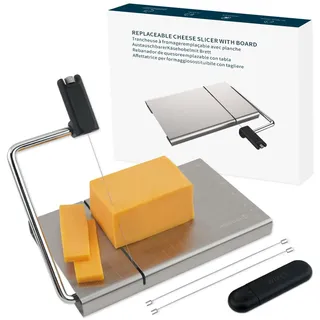 KITCHENDAO Auswechselbarer Käseschneider mit Draht, Käsehobel mit Brett und Messgitter - Einstellbare Dichtigkeit aus Edelstahl für Blockkäse-Spülmaschinenfest, mit 2 Extra Drähten