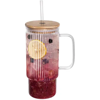 Consou Glas Mit Deckel und Strohhalm 1000ML, Bubble Tea Glasbecher Transparente gestreifte Wasserbecher High Borosilicate Glas Longdrinkglas Set für Eiskaffee Saft Smoothie Wasser Tee