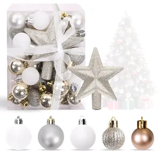 Weihnachtsbaum Deko Set - 29 Stück Mini Weihnachtskugeln Mit Weihnachtsbaumspitze Stern, Gold & Weiß & Silber 3 cm Kleine Weihnachtskugeln, Mini Christbaumkugeln Für Tisch-Weihnachtsbaumschmuck