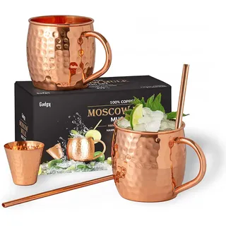 Gadgy Moscow Mule Becher Set - Cocktailbecher Set 2 Kupferbecher, 2 Strohhalme, 1 Barmaß - Kupferbecher reines Kupfer - Kupferbecher Moscow Mule handgemacht - Kupfer Becher Party Geschenk