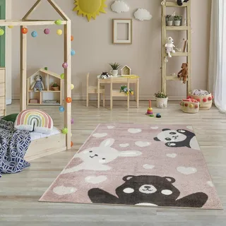 Jimri Teppich Kinderzimmer - Teppiche für Kinderzimmer, Kinderteppich, Kinderteppich Mädchen, Bär, Hase, Panda, Herz, (Hellrosa, Größe: 120x170 cm)