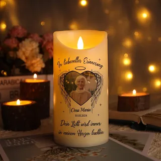 lorajewel Personalisierte Trauerkerze mit Foto Name und Datum LED Gedenkkerze für Verstorbene Erinnerungslicht zur Beerdigung Trauergeschenk für Oma Opa Mama Papa