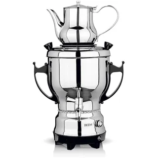 BEEM TEA-CLASSIC Samowar - 3L | Edelstahl / Schwarz | großer Teekocher auch für Gastrobetriebe | Mit Edelstahl-Ablasshahn | Stufenlos einstellbarer Temperaturregler | Mit 1 L Teekanne