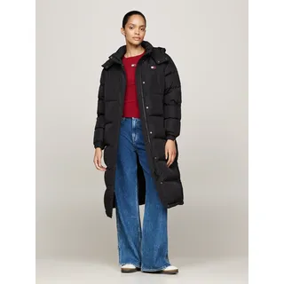 Steppmantel TOMMY JEANS "TJW ALASKA LONG PUFFER EXT", Damen, Gr. L (40), schwarz, Web, Obermaterial: 100% Polyester. Futter: 100% Polyester. Füllung: 100% Daunen, unifarben, normal kniebedeckend, hoch geschlossener Ausschnitt, Bündchen mit Klettverschluss, Mäntel Steppmantel, mit seitlichen Schlitzen mit Druckknopfverschluss