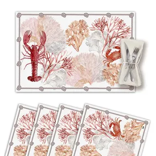 Vilber, Tischsets aus Vinyl, waschbar, wasserdicht, schmutzabweisend, rutschfest, antihaftbeschichtet, hitzebeständig, Marineblau, Korallen, Hummer, Krabben, Rot, 4 Stück