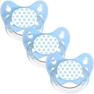 dentistar Silikon Schnuller 3er-Set - Größe 2, 6-14 Monate - Zahn- & kieferfreundlicher Nuckel mit Dental-Stufe – BPA-frei – Made in Germany - Blaue Sterne, Blau