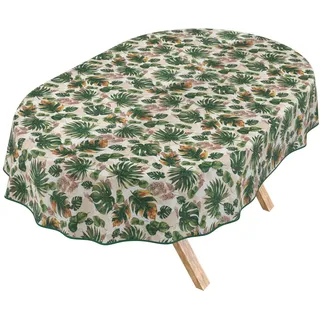 Tischdecke abwaschbar Tischtuch Lotuseffekt pflegeleicht aus Baumwolle Polyester schmutzabweisend Outdoor Gartentischdecke Dschungel Oval 180x140cm mit Paspelband
