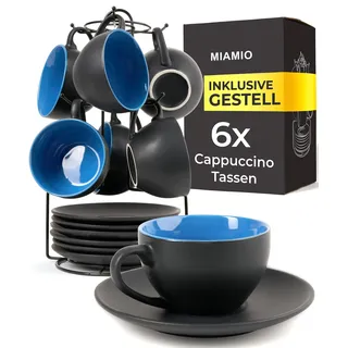 MIAMIO - 6 x 175 ml Tasse Cappuccino Tassen mit Unterteller & Ständer/Cappuccinotassen Set - Le Papillon Kollektion (Blau)