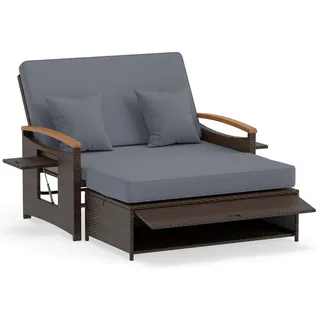 Costway Sonnenliege geflochtene Doppel liege grau , Grau , Metall , 164x88x72 cm , Gartenmöbel, Loungemöbel, Gartensofas & Loungesofas