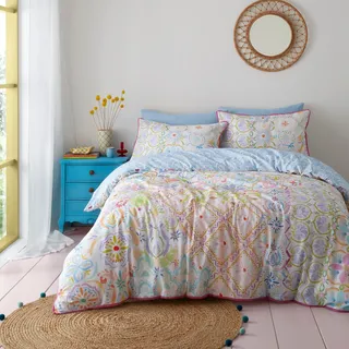 Appletree Bettbezug mit Regenbogen-Paisleymuster, Super-King-Size-Bett (260 x 220 cm), 100% Baumwolle, 2 Kissenbezüge, rosa Paspelrand, mehrfarbige Botanische Blumen-Bettwäsche, pastellfarbener