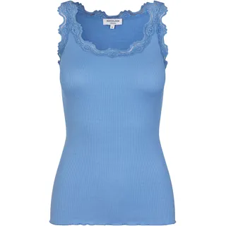 Spitzentop ROSEMUNDE "Babette Silk Top mit Seide", Damen, Gr. XS, blau (himmelblau), Feinstrick, Obermaterial: 70% Seide, 30% Baumwolle, unifarben, körpernah hüftbedeckend, Rundhals, Tops Spitzentop, Vintage-Spitzenbesatz, mit Rundhalsausschnitt, hoher Seidenanteil