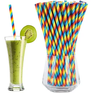 Jodsen 100 Stück Biologisch Abbaubare Bunt Gestreifte Papier Strohhalme, Regenbogenfarbene Trinkhalme für Säfte Cocktail Bubble Tea, Deko für Geburtstag Hochzeiten