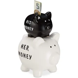Relaxdays Sparschwein, His & Her Money, 2 Schweine, lustiges Geldgeschenk für Paare & Hochzeiten, Spardose, schwarz/weiß