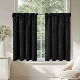 TOPICK Blickdicht Scheibengardinen Küche Schwarz Bistrogardine mit Tunnelzug Gardinen mit Waffel Muster Lichtdurchlässig Küchengardinen für Kleine Fenster Verdunkelung Landhaus 2er Set 90Bx90H cm