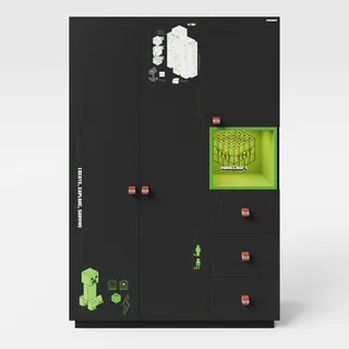 Phoenix Group AG Minecraft - Kleiderschrank mit 3 Türen und 3 Schubladen, inkl Kleiderstange und Beleuchtung, Schwarz