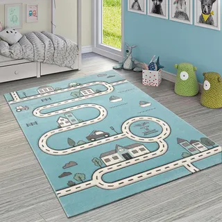 Paco Home Kinderteppich »Diamond 710« rechteckig 17 mm Höhe Kurzflor, Straßen-Spiel-Teppich, Kinderzimmer, blau