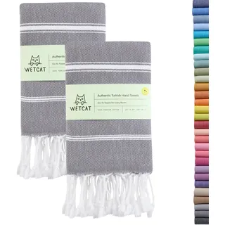WETCAT Türkische Handtücher mit Aufhängeschlaufe (20x30) - 2er Set 100% Baumwolle weich - vorgewaschen Farmhouse Boho Handtücher für Badezimmer - Einzigartiges dunkelgrau Küchentücher Deko-Set