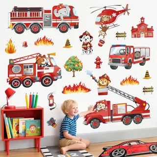 decalmile Wandsticker kinder Feuerwehrauto Wandtattoo Transporte Fahrzeug Feuerwehr Safari Tiere Wandaufkleber Kinderzimmer Jungenzimmer Babyzimmer Wanddeko