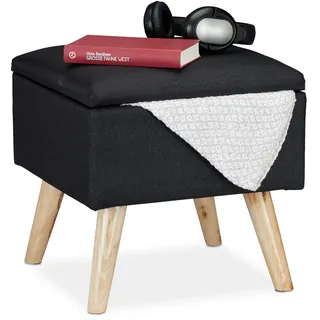 Relaxdays Hocker mit Stauraum, Kunstleinen-Bezug, gepolstert, Holzbeine, Fußhocker mit Deckel, HBT: 40x40x40 cm, schwarz
