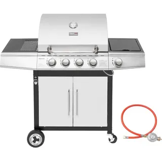 Royal Gourmet 4+1 Brenner Gasgrill Grillwagen mit automatischer Zündung,integriertem Thermometer und Unterschrank Edelstahl Brenner mit 14,5 kW Camping Gasgrill für Outdoor Barbecue Silber